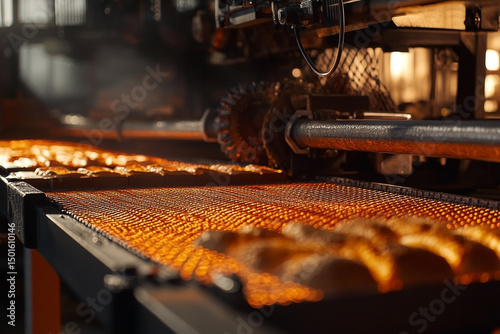 Automated food production line showcases baking process in a factory setting