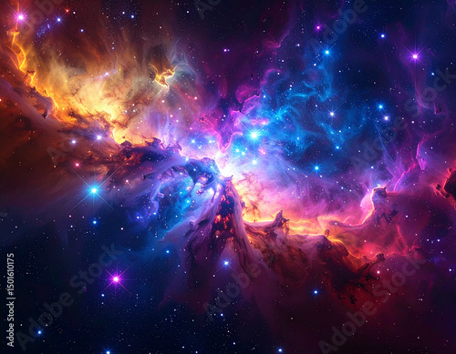 Colorful cosmic nebula with bright stars in the night sky