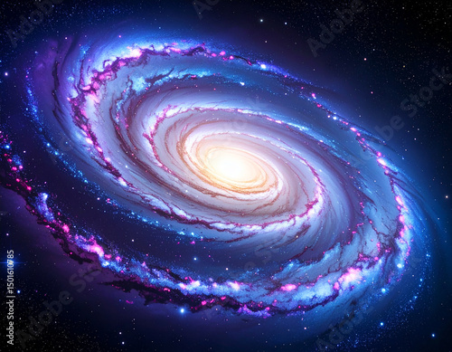 Magnificent spiral galaxy with swirling arms of blue, purple and pink