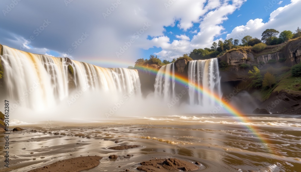 Fototapeta premium Majestic waterfall with a vibrant rainbow in a scenic landscape.