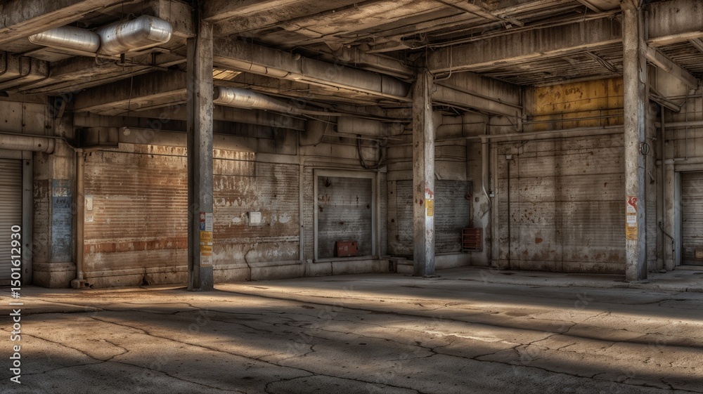 Empty Industrial Warehouse with Concrete Floor Background Empty Industrial Warehouse with Concrete Floor Background