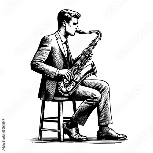 Man in suit playing saxophone sketch engraving black and white outline. Scratch board imitation.  illustrated in vintage line art style on a white background.