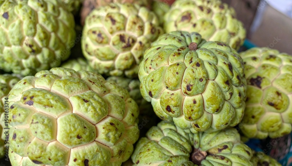 Fototapeta premium close-up view of many fresh, green sugar-apples clustered together.