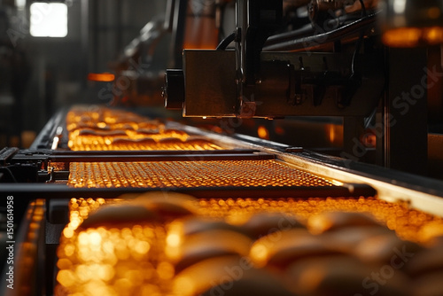Advanced bread production, automated baking line in industrial bakery plant