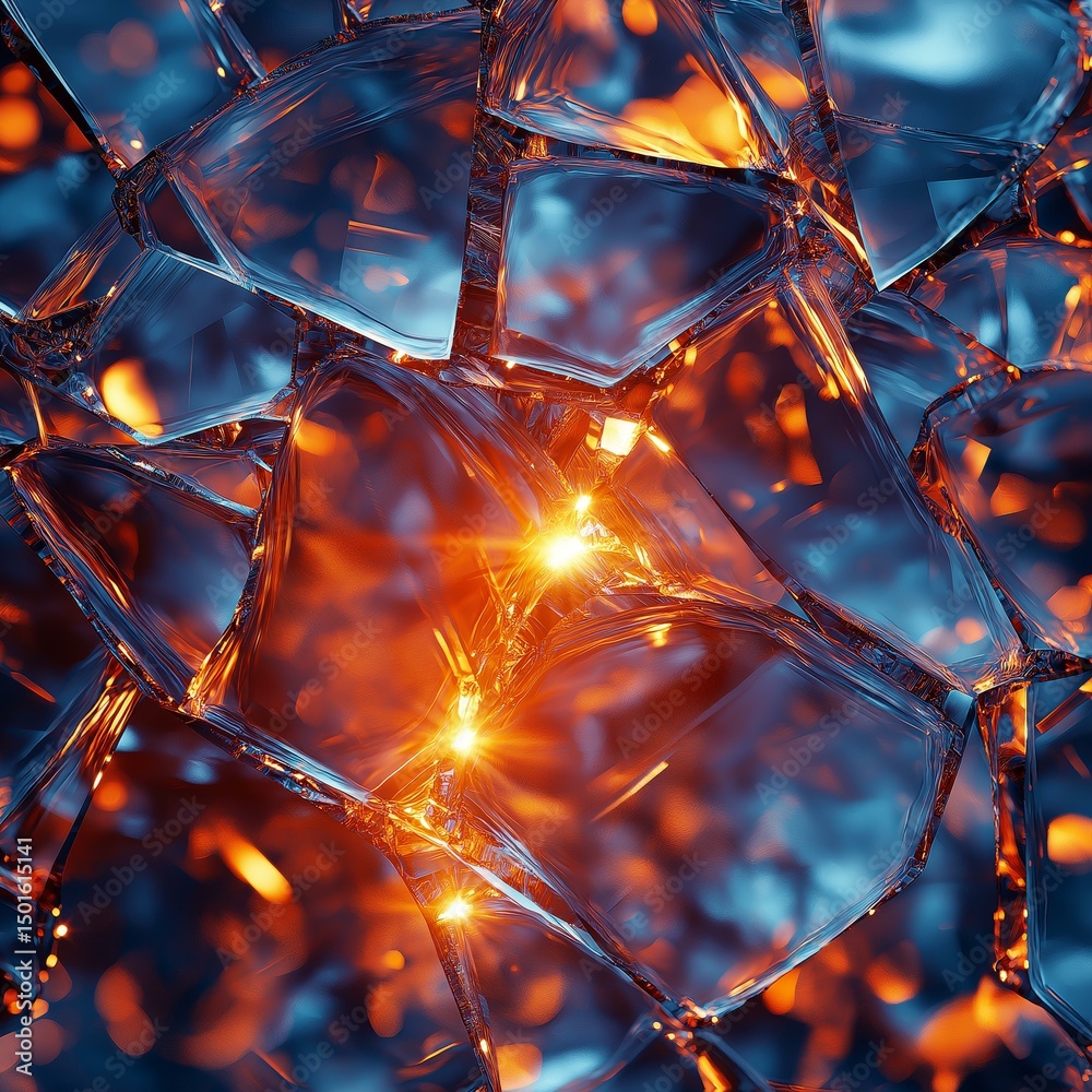 Abstract shattered glass fragments reflect light with mesmerizing intensity, creating an effect of depth and showcasing delicate details in orange and blue tones.