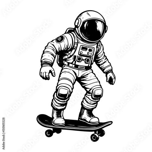 Astronaut skateboarding engraving black and white outline. Scratch board imitation.  illustrated in vintage line art style on a white background.