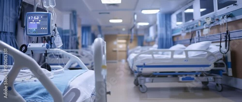 A well-lit hospital interior featuring a patient bed with medical equipment. This healthcare space highlights the sterile environment necessary for patient recovery and diagnosis.