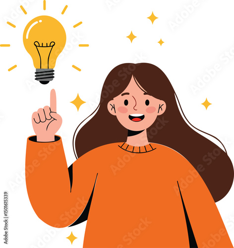 Young Woman with Creative Idea and Light Bulb Inspiration