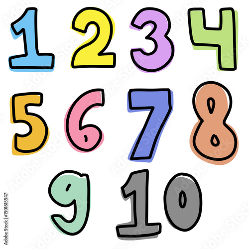 Cute set colorful Numbers 123 in pastel color doodle kids illustration wall art learn counting count birthday party age transparent clipart poster nursery vector