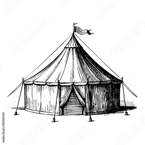 Circus tent engraving black and white outline. Scratch board imitation.  illustrated in vintage line art style on a white background.
