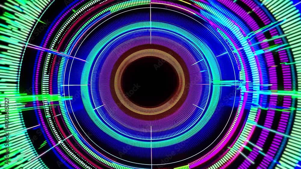Futuristic glowing neon circular hud elements rotating with colorful light trails and digital glitches on a black background create a dynamic and technological visual experience