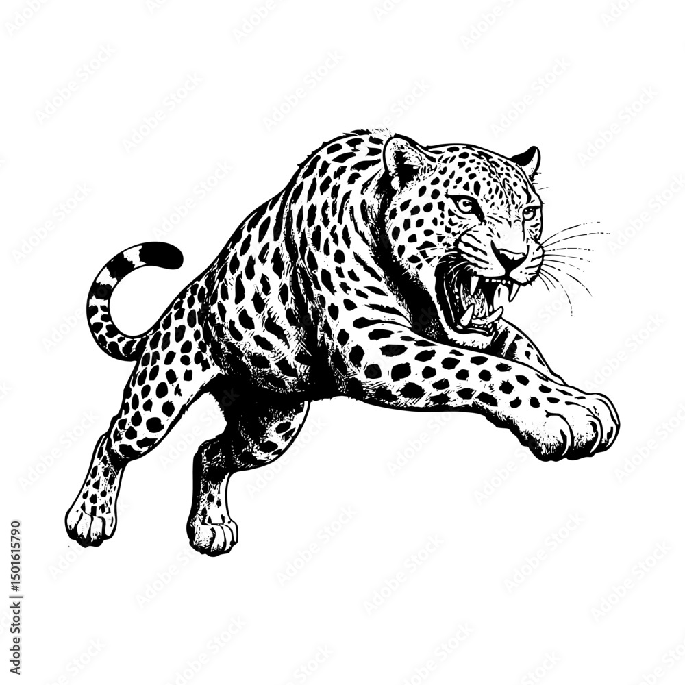 Fototapeta premium Cheetah jump engraving black and white outline. Scratch board imitation. illustrated in vintage line art style on a white background.