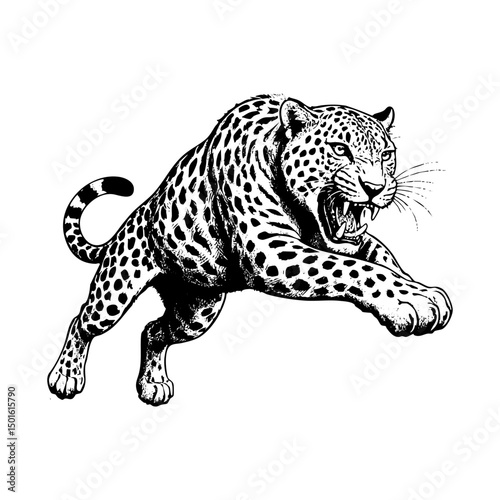 Cheetah jump engraving black and white outline. Scratch board imitation.  illustrated in vintage line art style on a white background.