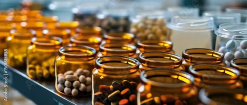 A vibrant array of capsules and tablets is displayed in clear jars, highlighting different colors and shapes. Ideal for health and pharmacy themes.