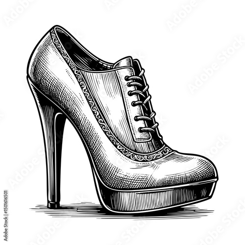 High heels sketch engraving black and white outline. Scratch board imitation.  illustrated in vintage line art style on a white background.