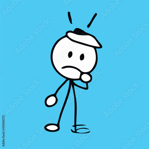 Vector cartoon stick figure drawing conceptual illustration of sad or depressed man siting alone