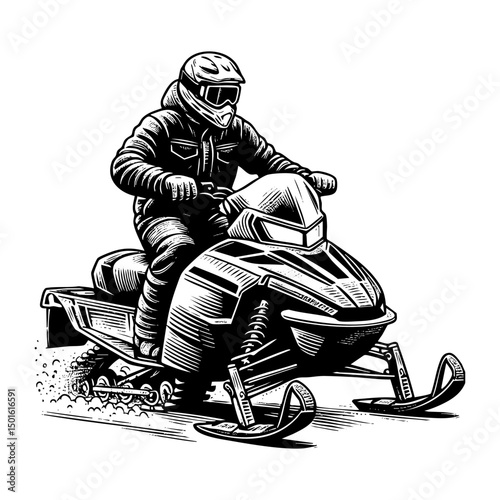 man riding snowmobile sketch engraving black and white outline. Scratch board imitation.