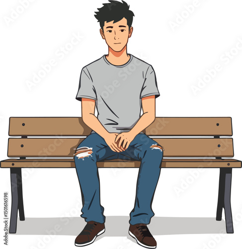 Vector cartoon stick figure drawing conceptual illustration of sad or depressed man siting alone