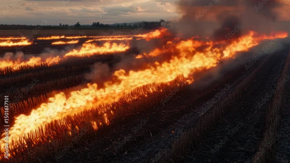 A field burns with fire, consuming crops and possibly a tractor. The  s the devastation left behind.