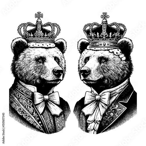 Bear wear crown portrait sketch engraving black and white outline. Scratch board imitation.