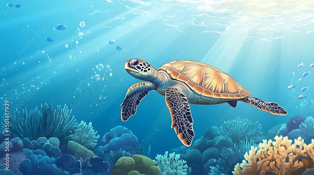 Fototapeta premium Sea turtle glides through a vibrant coral reef.