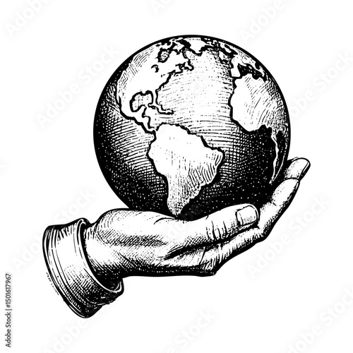 Earth globe on hand sketch engraving black and white outline. Scratch board imitation.  illustrated in vintage line art style on a white background.