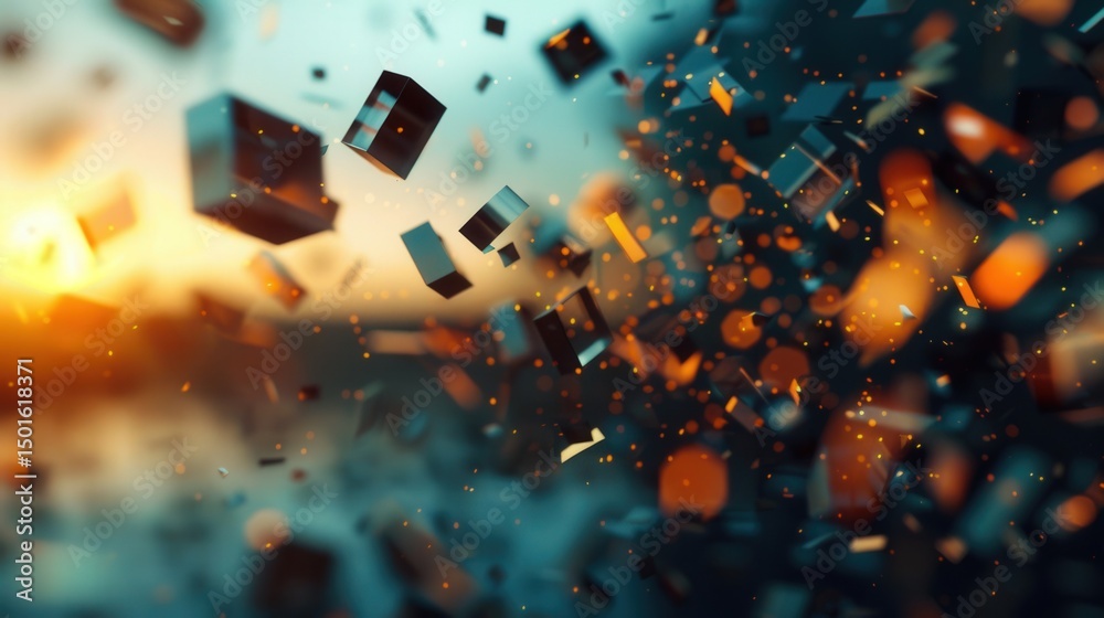 Naklejka premium Vibrant abstract artwork showcasing dynamically floating geometric shapes and glowing particles.