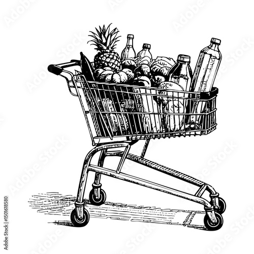 Vegetable on trolley sketch engraving black and white outline. Scratch board imitation. Illustrated in vintage line art style on a white background.