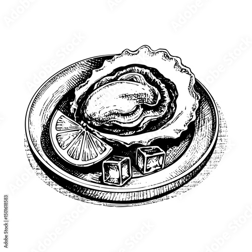 Oyster on plate engraving black and white outline. Scratch board imitation.