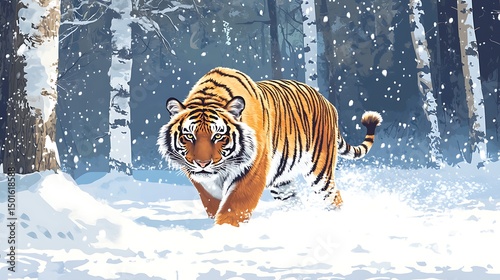 A tiger walks through a snowy forest.