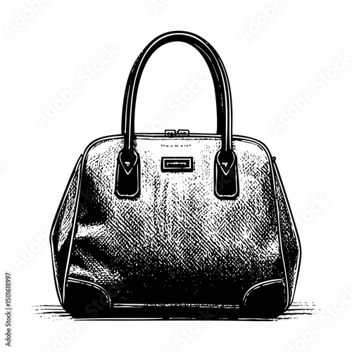 Woman handbag engraving black and white outline. Scratch board imitation.