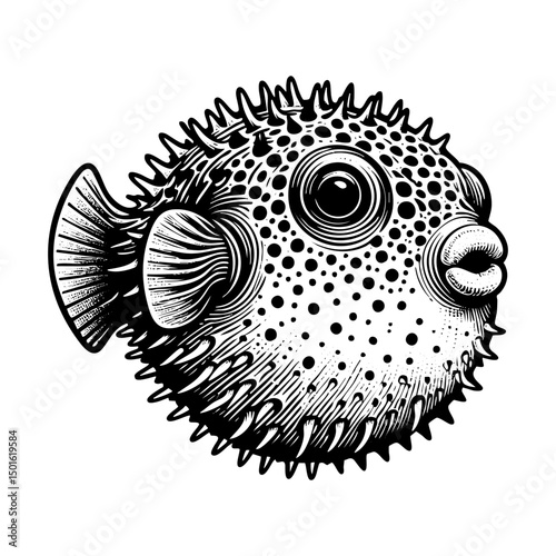 Puffer fish sketch engraving black and white outline. Scratch board imitation.  illustrated in vintage line art style on a white background.