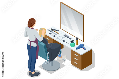 Isometric a barber cuts a customer's hair at a modern isometric mirror station equipped with scissors, sprays, and a sink. Woman getting a haircut from a hair stylist at a barber shop