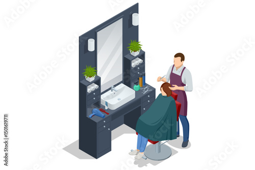 Isometric a barber cuts a customer's hair at a modern isometric mirror station equipped with scissors, sprays, and a sink. Woman getting a haircut from a hair stylist at a barber shop