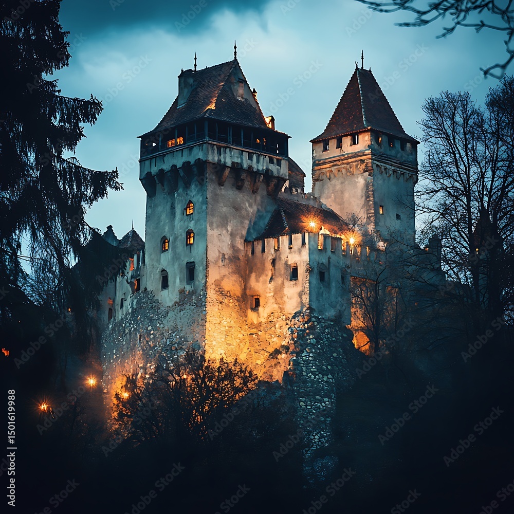Fototapeta premium An ancient stone castle illuminated at twilight.