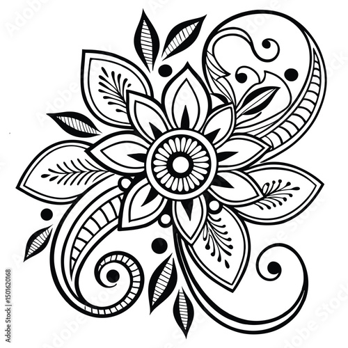 Hand-Drawn Henna Floral Mandala Design on Sketchbook – Intricate Black and White Art