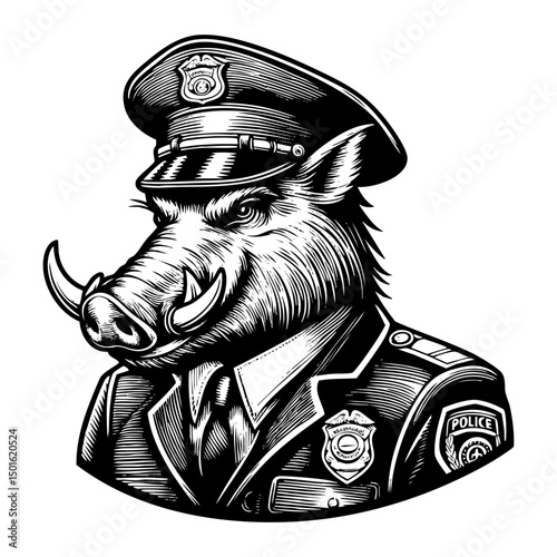 Boar wear police uniform sketch engraving black and white outline. Scratch board imitation.  illustrated in vintage line art style on a white background.