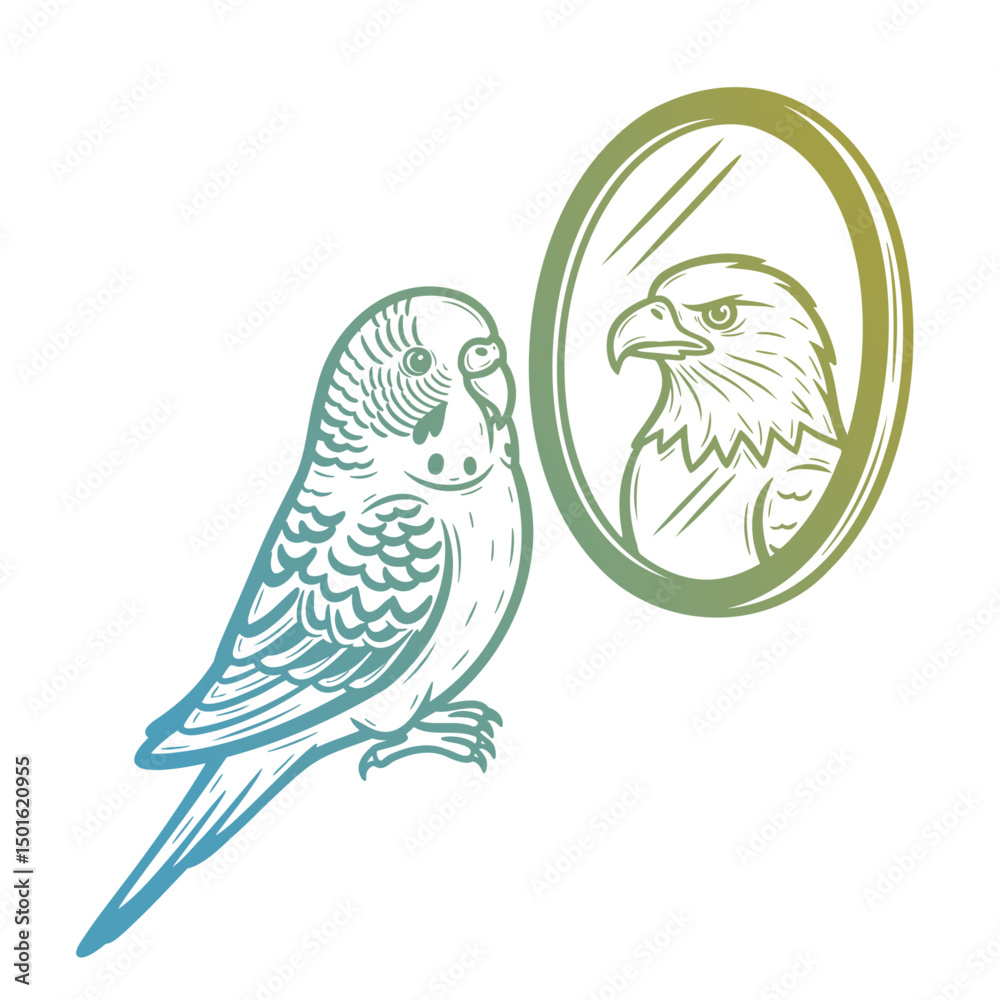 Fototapeta premium budgerigar parrot looking in the mirror and sees an eagle, self-esteem funny illustration, motivational sketch