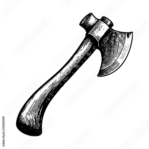Axe sketch engraving black and white outline. Scratch board imitation.  illustrated in vintage line art style on a white background.
