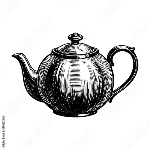 Teapot sketch engraving black and white outline. Scratch board imitation.  illustrated in vintage line art style on a white background.