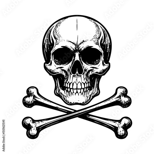 Skull with bone crossed sketch engraving black and white outline. Scratch board imitation.  illustrated in vintage line art style on a white background.