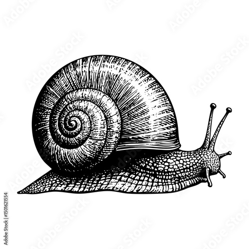 Snail engraving engraving black and white outline. Scratch board imitation.  illustrated in vintage line art style on a white background.