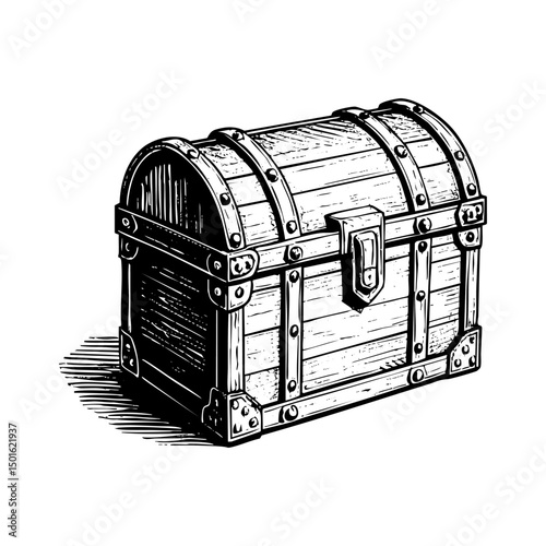 Treasure chest sketch engraving black and white outline. Scratch board imitation.