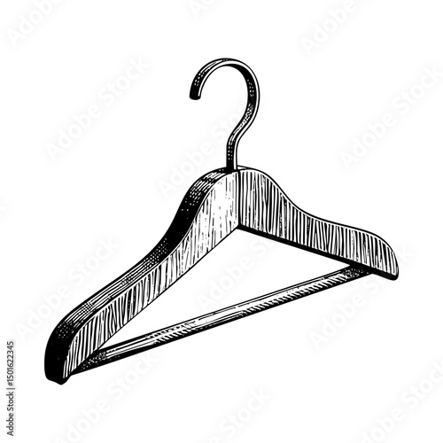 Wooden hanger sketch engraving black and white outline. Scratch board imitation.  illustrated in vintage line art style on a white background.