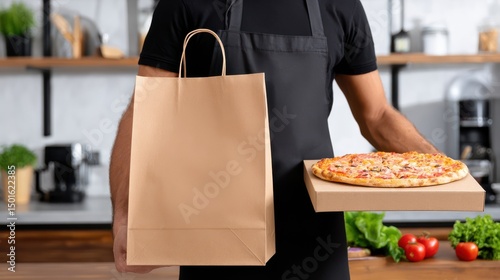 Delivery person ready to deliver a delicious pizza in a brown paper bag and pizza box at a restaurant