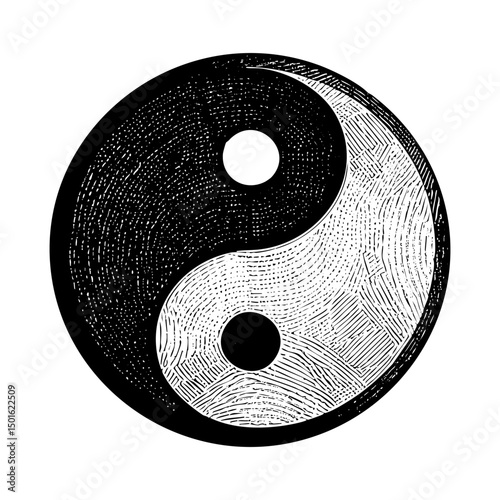 Yin and yang sketch engraving black and white outline. Scratch board imitation.  illustrated in vintage line art style on a white background.C5136