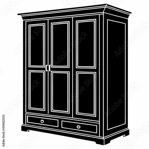 A black silhouette vector of a wardrobe or closet, representing bedroom storage furniture. Perfect for home organization, interior design, fashion storage graphics, and decluttering themes. Isolated o