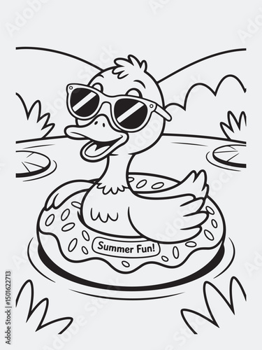 Duck Floating in Donut-Shaped Inner Tube with Sunglasses Coloring Page