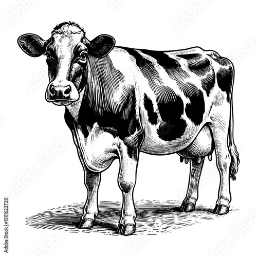 Dairy cow sketch engraving black and white outline. Scratch board imitation.  illustrated in vintage line art style on a white background.