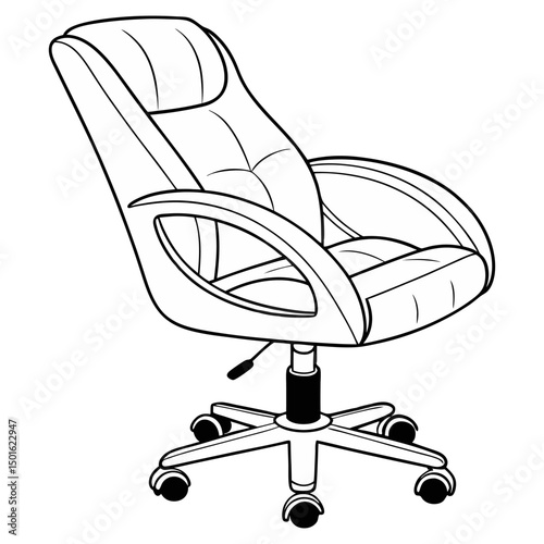 Line art vector illustration of an ergonomic office chair with swivel and wheels. Perfect for workspace design, home office setups, corporate branding, and furniture for productivity.Isolated on white